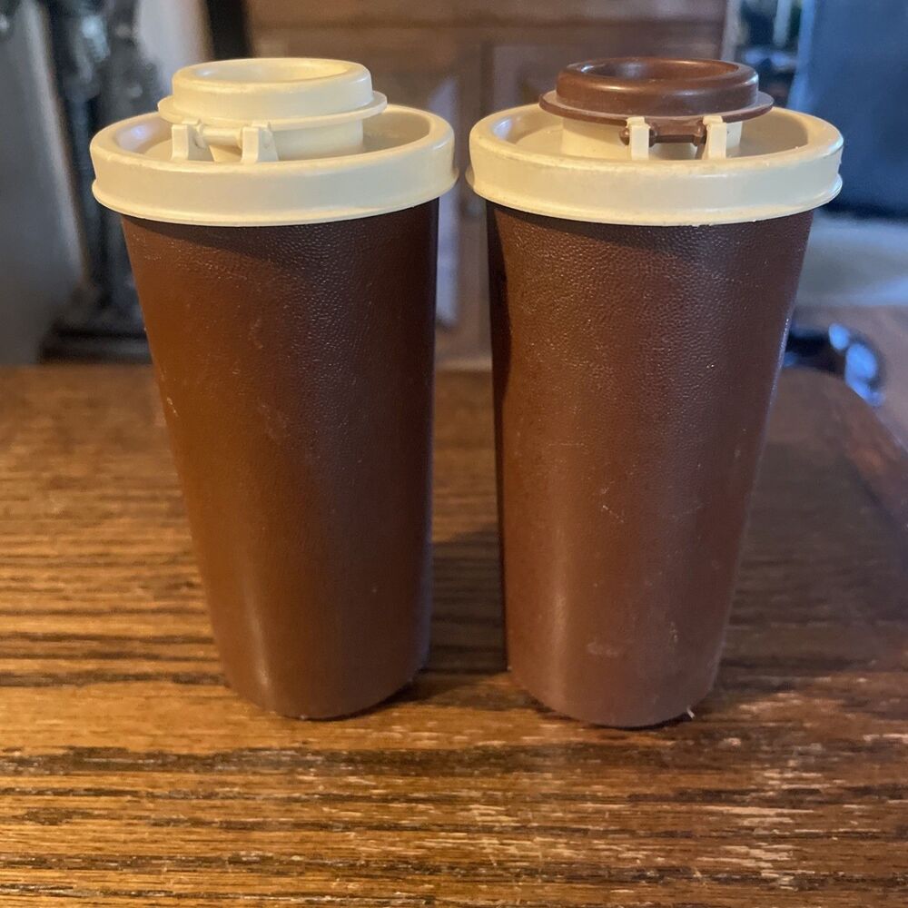 Tupperware Salt and Pepper Shakers 4 pc Set Brown and Beige Vintage 70's